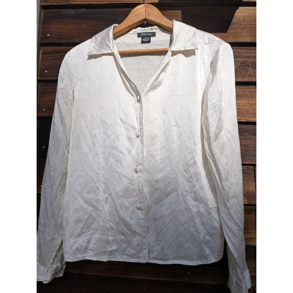 Cream Vtg City Silk 100% Silk Button Front Blouse Romantic Elevated Capsule